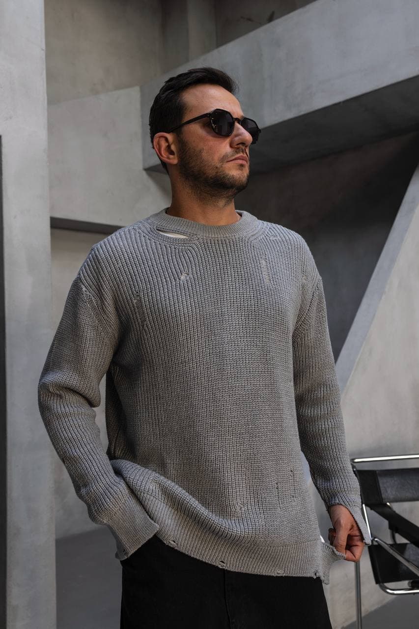Distressed Crew Neck Knit Sweater